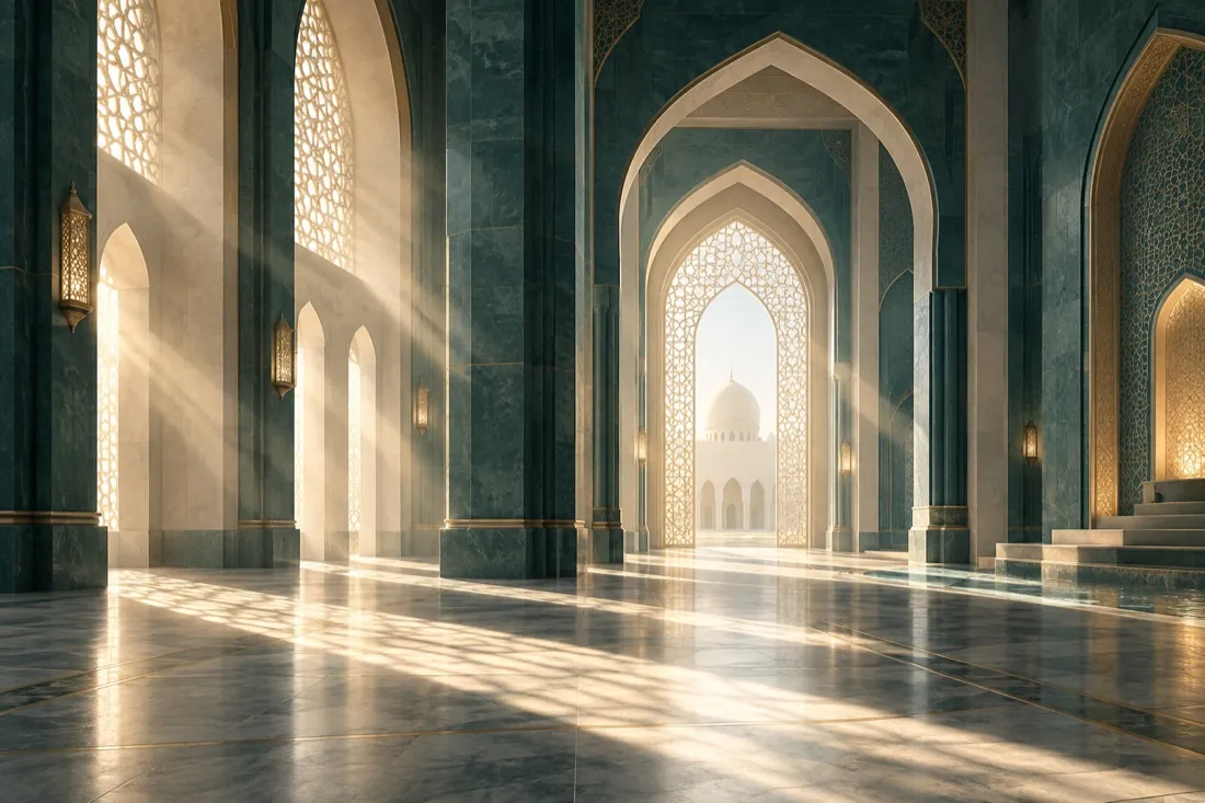 Sunlight passing through a serene sequence of mosque arches
